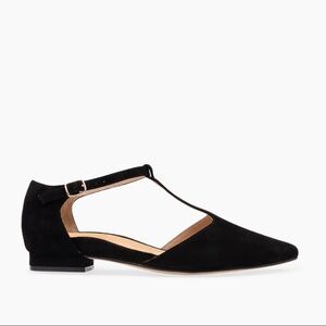 bared footwear avocet T strap black suede pointed toe kitten heel flats size